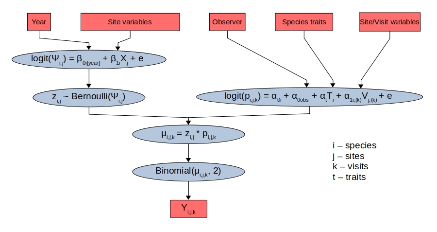 Structure of a Bayesian hierarchical model I used model species observations as the outcome of a joint process describing species occurrence and detection probabilities.